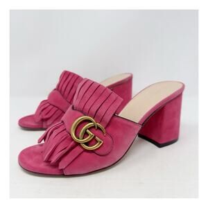 Gucci GG Marmont Pink Fringe Mule Sandals Block Heel Womens Size EU 38.5